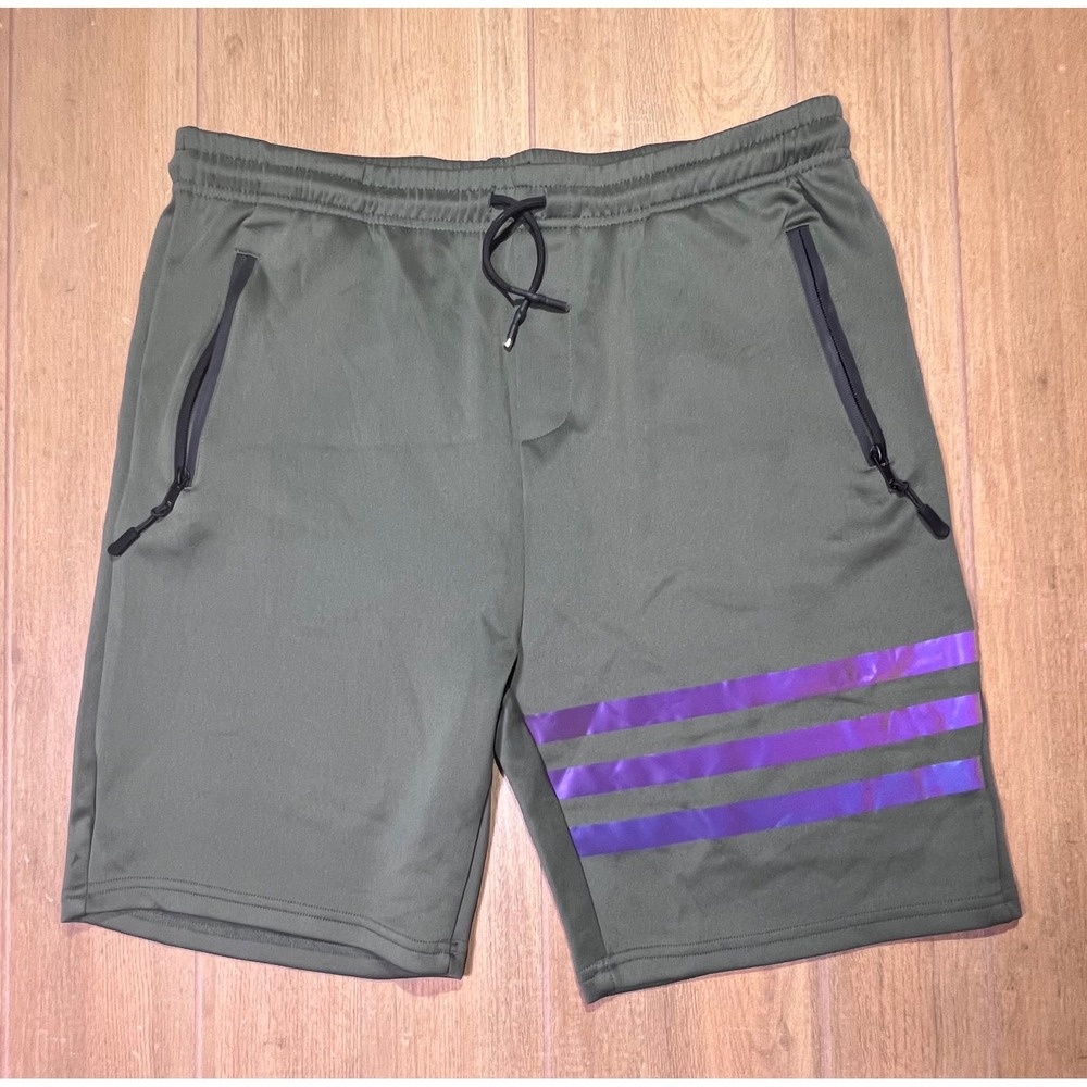 Public Record Mens Olive Green Athletic Shorts Purple Reflective Stripes XL